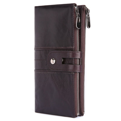 2072 Double Zipper Long Wallet RFID Blocking Top Layer Cowhide Cellphone Clutch Coin Purse Card Slots