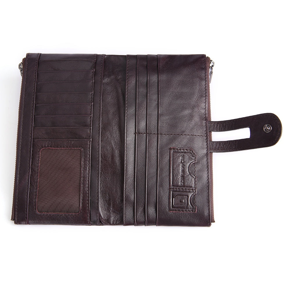 2072 Double Zipper Long Wallet RFID Blocking Top Layer Cowhide Cellphone Clutch Coin Purse Card Slots