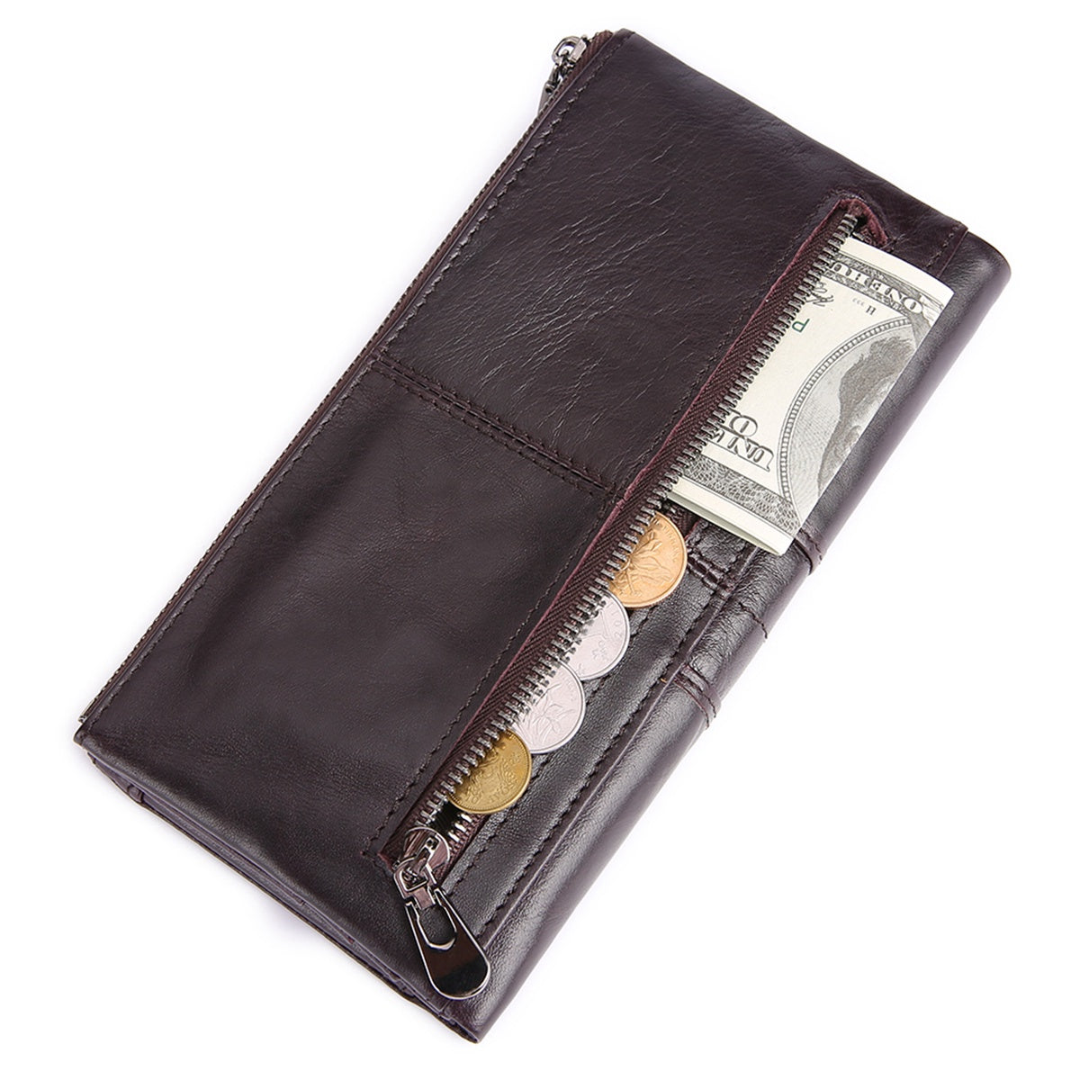 2072 Double Zipper Long Wallet RFID Blocking Top Layer Cowhide Cellphone Clutch Coin Purse Card Slots