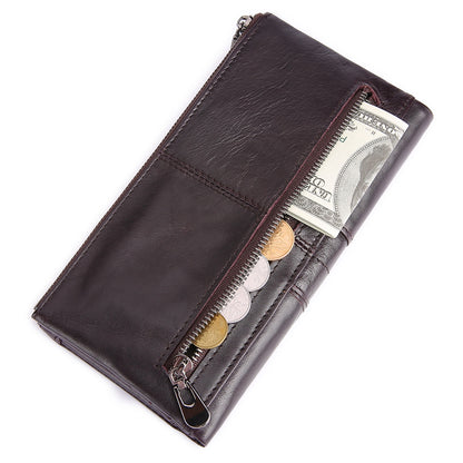 2072 Double Zipper Long Wallet RFID Blocking Top Layer Cowhide Cellphone Clutch Coin Purse Card Slots