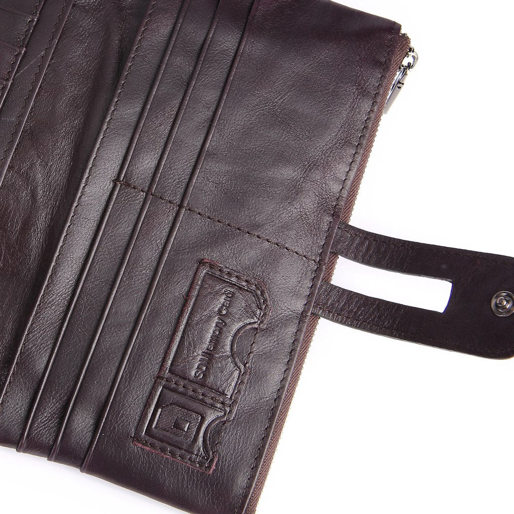 2072 Double Zipper Long Wallet RFID Blocking Top Layer Cowhide Cellphone Clutch Coin Purse Card Slots