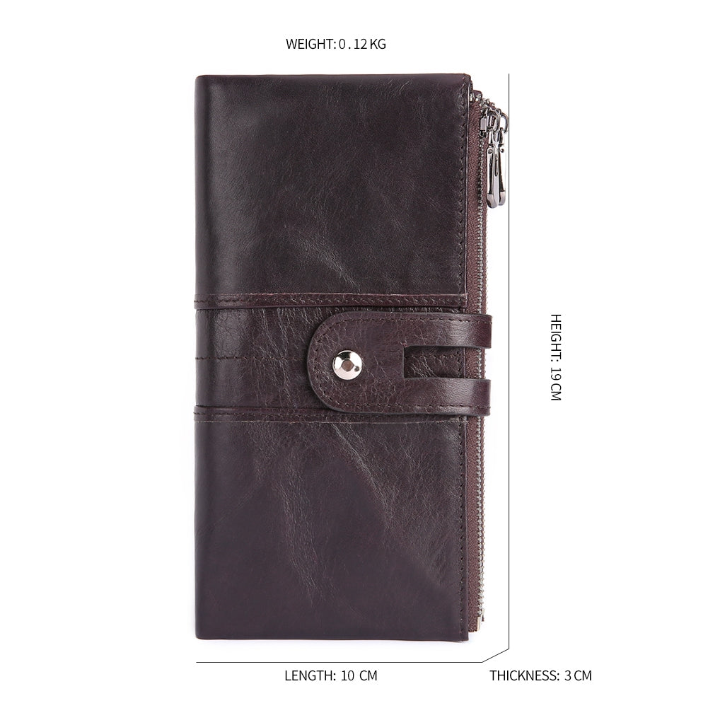 2072 Double Zipper Long Wallet RFID Blocking Top Layer Cowhide Cellphone Clutch Coin Purse Card Slots