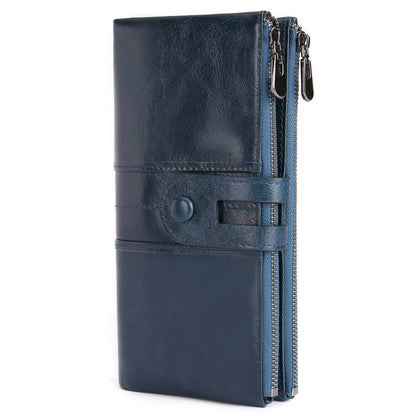 2072 Double Zipper Long Wallet RFID Blocking Top Layer Cowhide Cellphone Clutch Coin Purse Card Slots