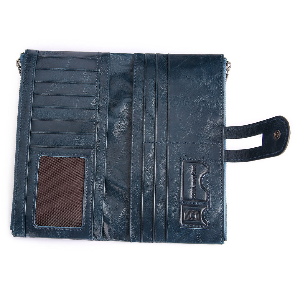 2072 Double Zipper Long Wallet RFID Blocking Top Layer Cowhide Cellphone Clutch Coin Purse Card Slots