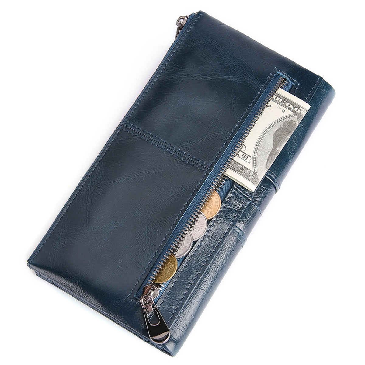 2072 Double Zipper Long Wallet RFID Blocking Top Layer Cowhide Cellphone Clutch Coin Purse Card Slots