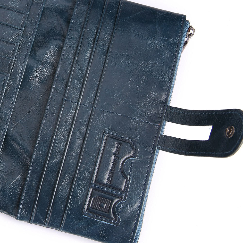 2072 Double Zipper Long Wallet RFID Blocking Top Layer Cowhide Cellphone Clutch Coin Purse Card Slots