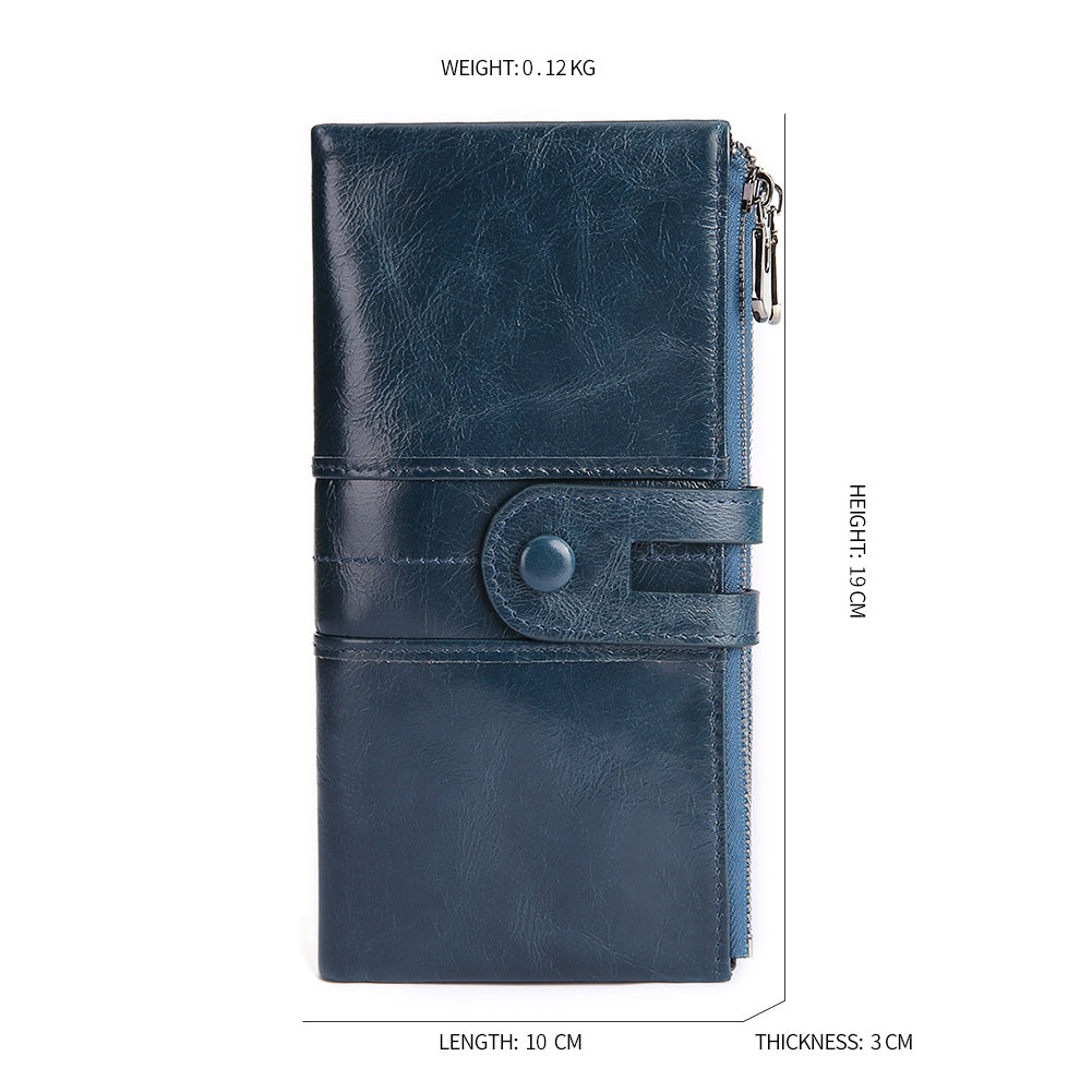 2072 Double Zipper Long Wallet RFID Blocking Top Layer Cowhide Cellphone Clutch Coin Purse Card Slots