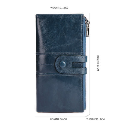 2072 Double Zipper Long Wallet RFID Blocking Top Layer Cowhide Cellphone Clutch Coin Purse Card Slots