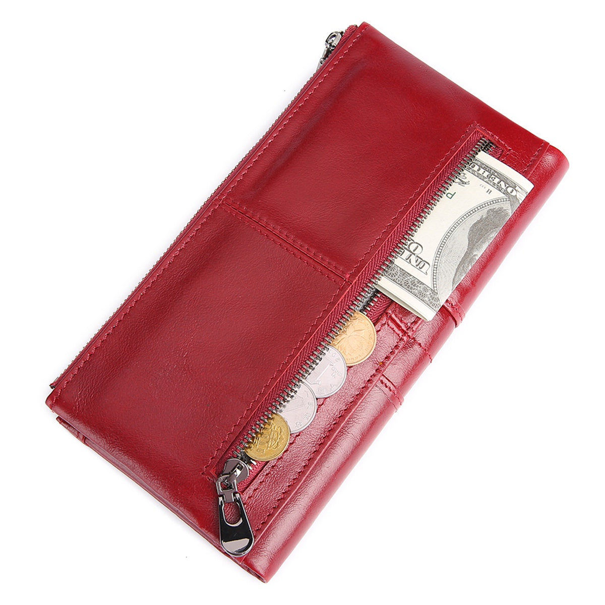 2072 Double Zipper Long Wallet RFID Blocking Top Layer Cowhide Cellphone Clutch Coin Purse Card Slots