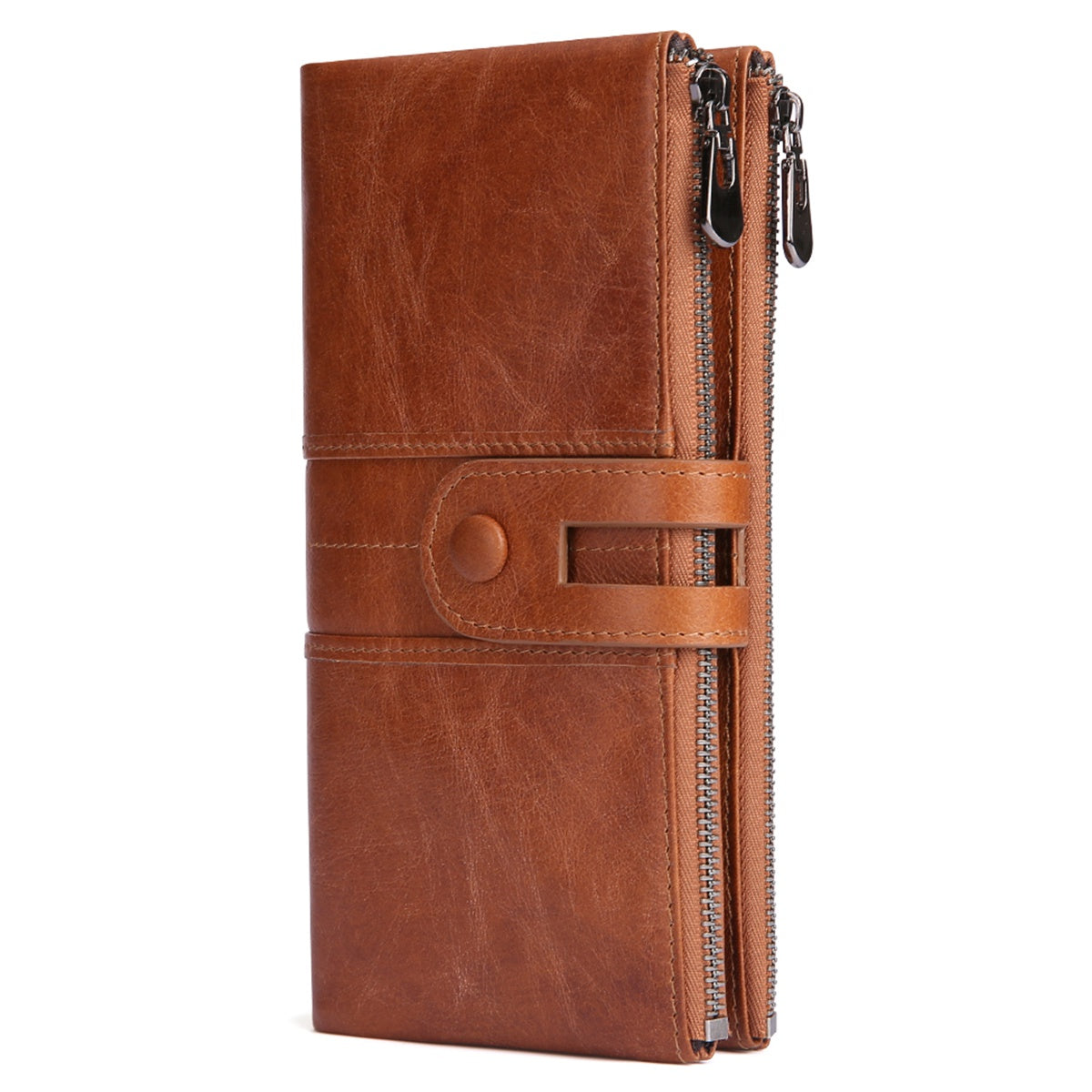 2072 Double Zipper Long Wallet RFID Blocking Top Layer Cowhide Cellphone Clutch Coin Purse Card Slots