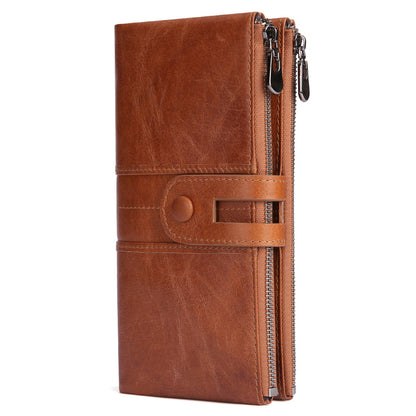 2072 Double Zipper Long Wallet RFID Blocking Top Layer Cowhide Cellphone Clutch Coin Purse Card Slots