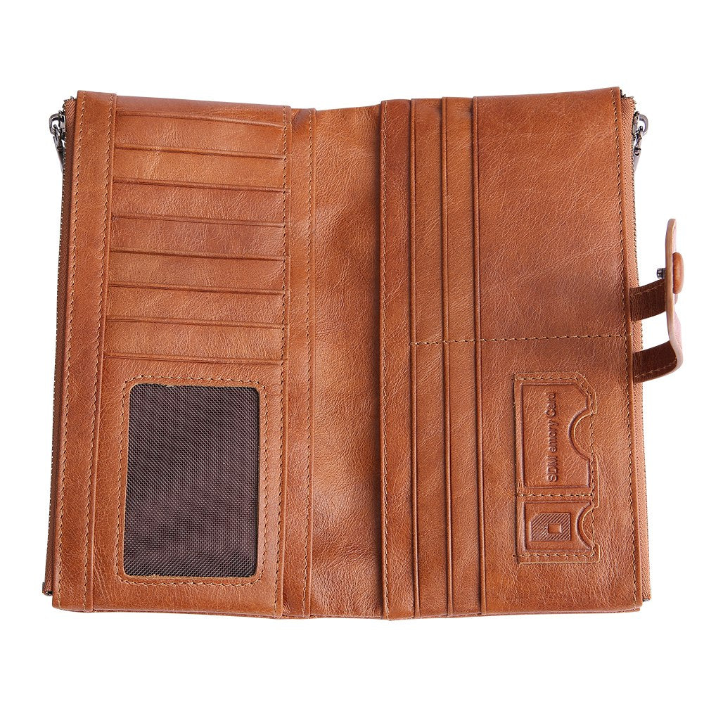 2072 Double Zipper Long Wallet RFID Blocking Top Layer Cowhide Cellphone Clutch Coin Purse Card Slots