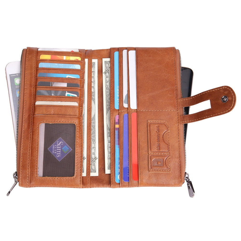 2072 Double Zipper Long Wallet RFID Blocking Top Layer Cowhide Cellphone Clutch Coin Purse Card Slots