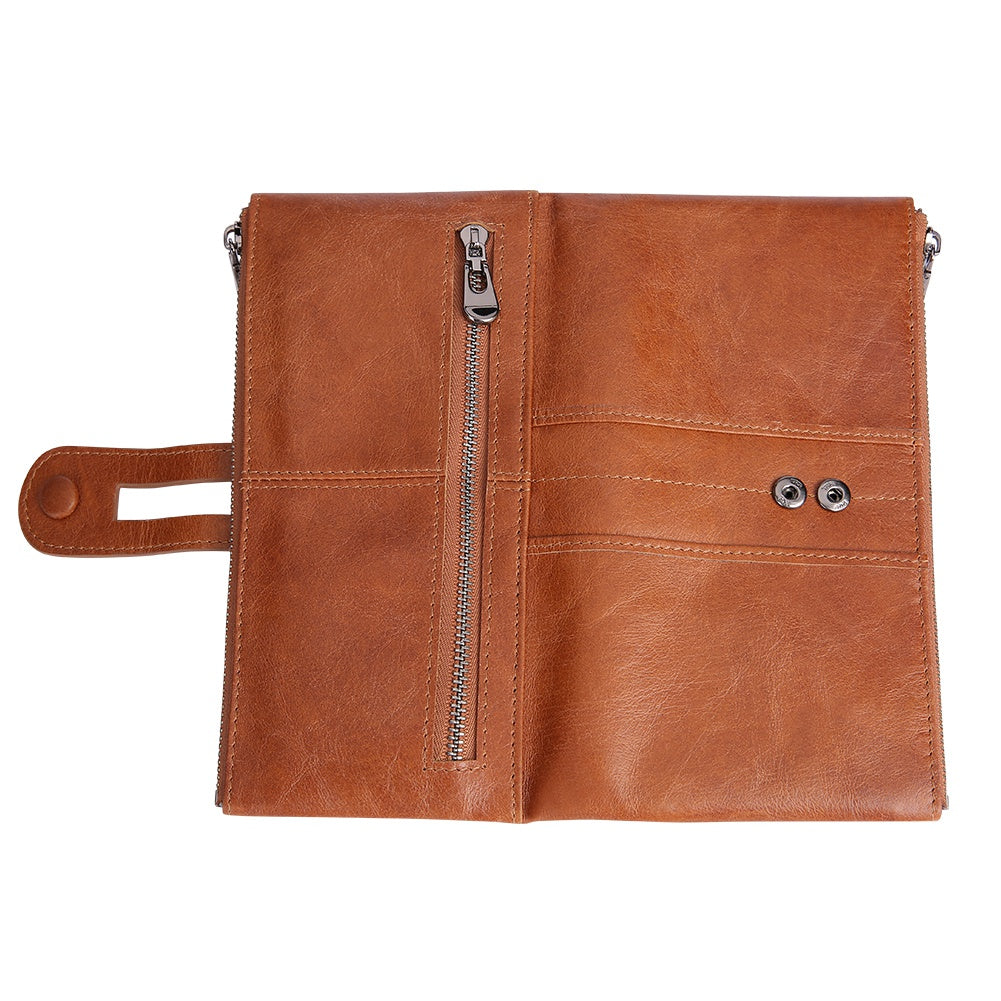 2072 Double Zipper Long Wallet RFID Blocking Top Layer Cowhide Cellphone Clutch Coin Purse Card Slots