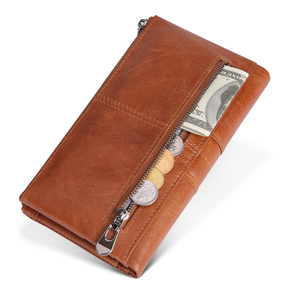 2072 Double Zipper Long Wallet RFID Blocking Top Layer Cowhide Cellphone Clutch Coin Purse Card Slots
