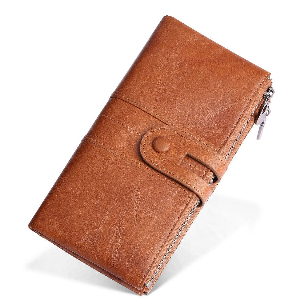 2072 Double Zipper Long Wallet RFID Blocking Top Layer Cowhide Cellphone Clutch Coin Purse Card Slots