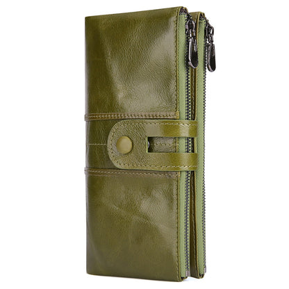 2072 Double Zipper Long Wallet RFID Blocking Top Layer Cowhide Cellphone Clutch Coin Purse Card Slots