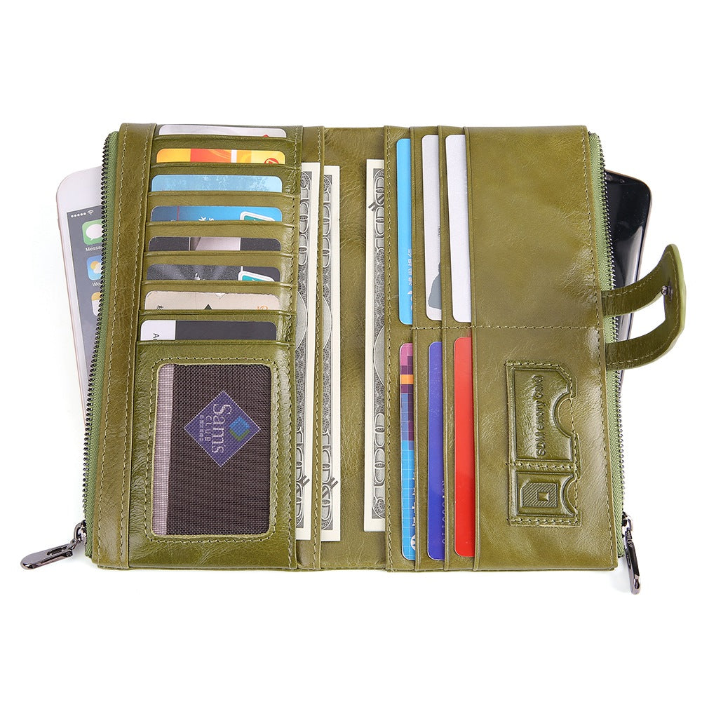 2072 Double Zipper Long Wallet RFID Blocking Top Layer Cowhide Cellphone Clutch Coin Purse Card Slots