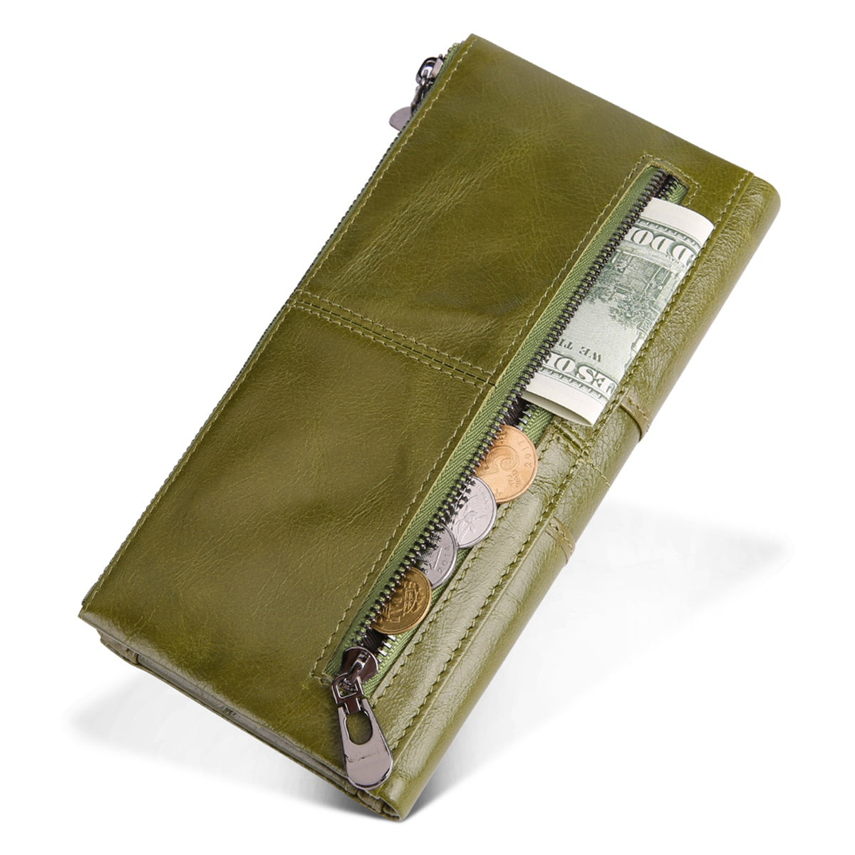 2072 Double Zipper Long Wallet RFID Blocking Top Layer Cowhide Cellphone Clutch Coin Purse Card Slots