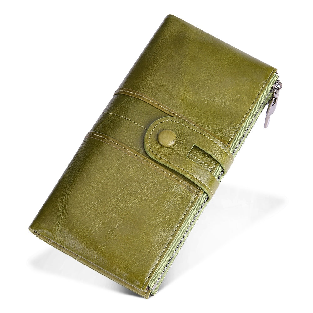 2072 Double Zipper Long Wallet RFID Blocking Top Layer Cowhide Cellphone Clutch Coin Purse Card Slots