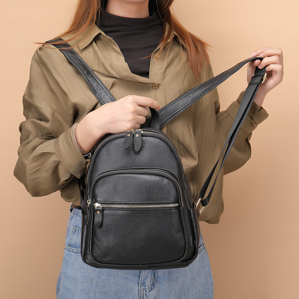 172 Top Layer Cowhide Leather Backpack Women Stylish Solid Color Dual Shoulder Bag