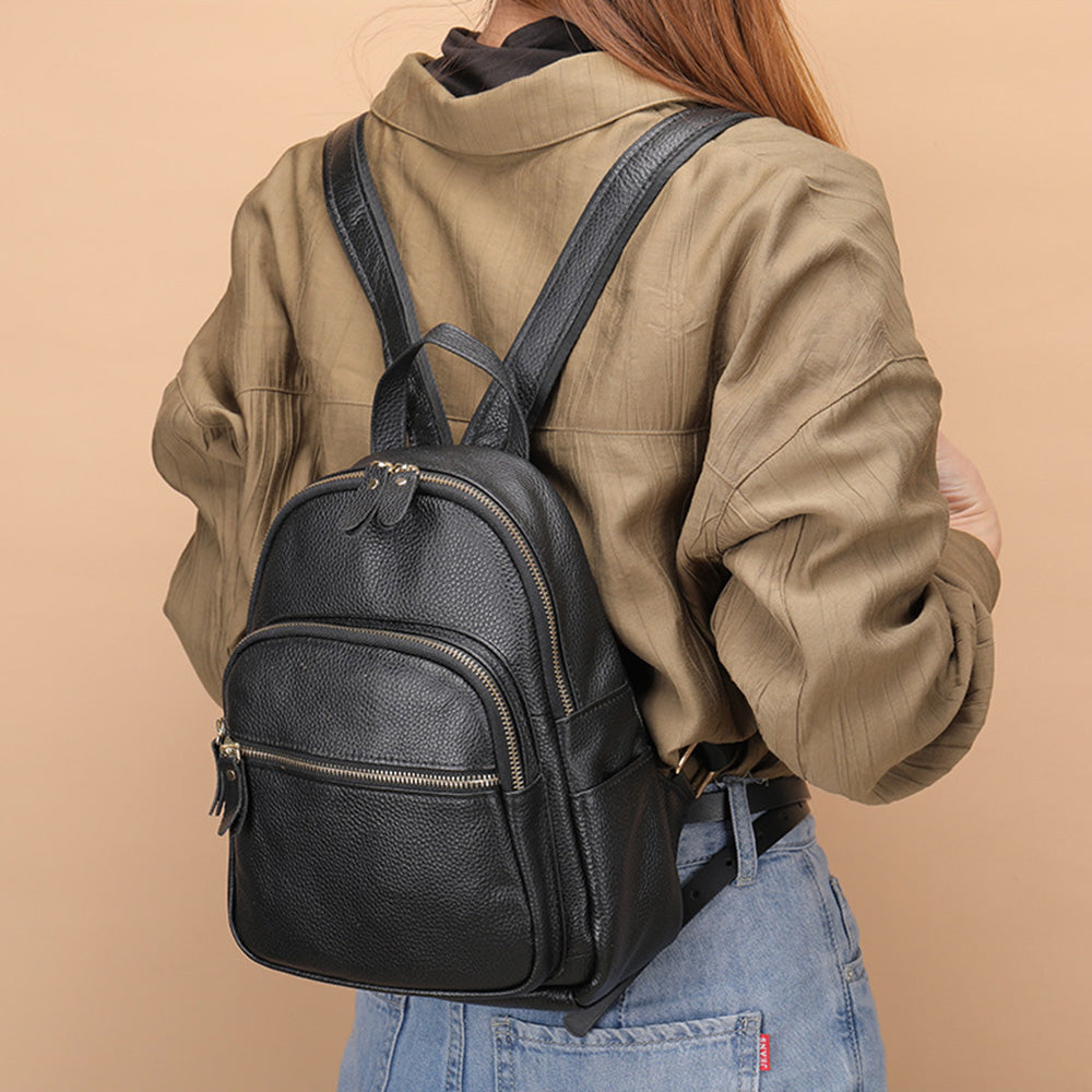 172 Top Layer Cowhide Leather Backpack Women Stylish Solid Color Dual Shoulder Bag