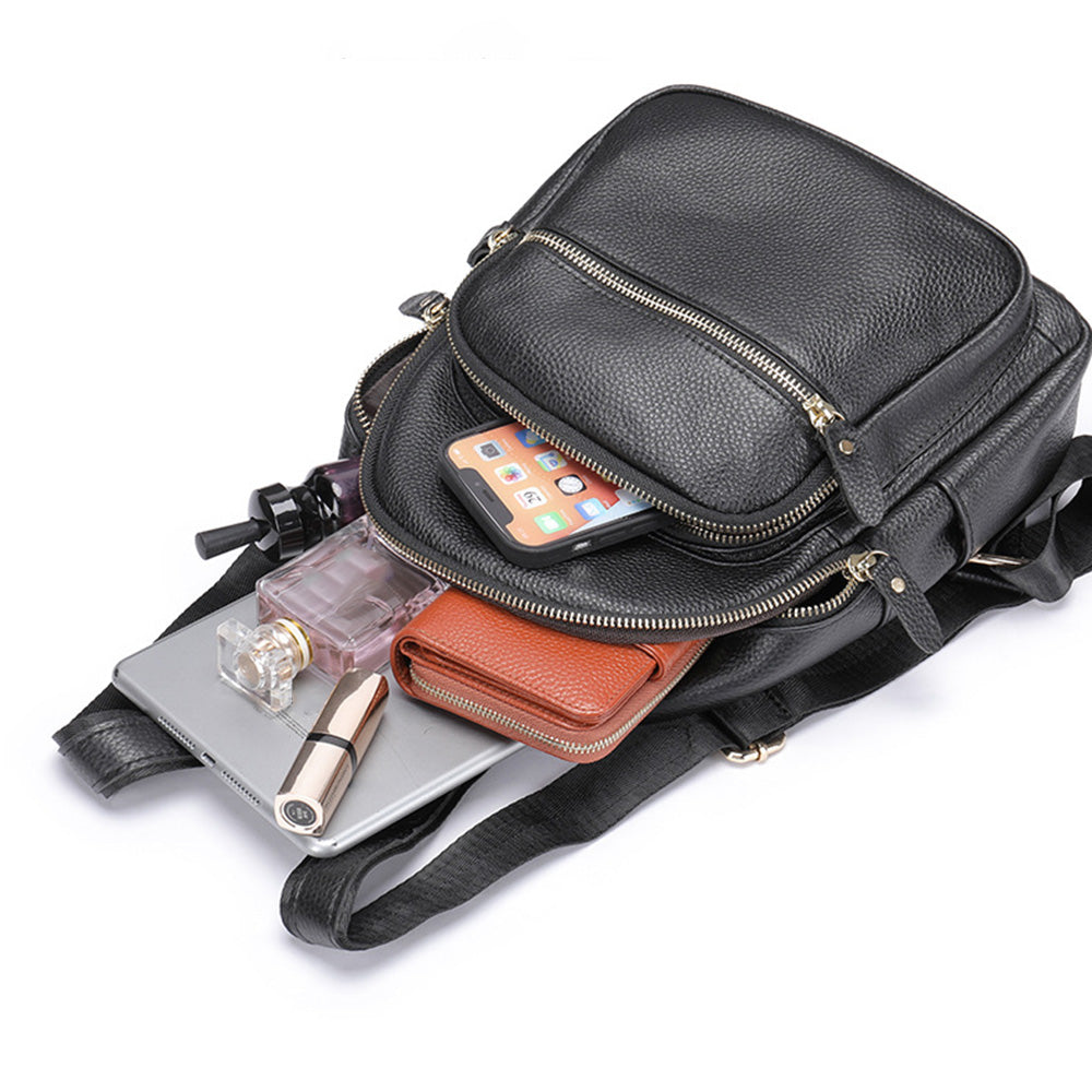 172 Top Layer Cowhide Leather Backpack Women Stylish Solid Color Dual Shoulder Bag