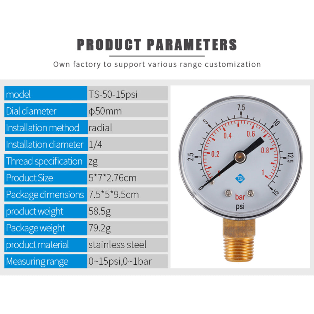 TS-50-15psi 0-15psi  /  0-1bar Dual Scale Water Pressure Dial 50mm Manometer Hydraulic Pressure Gauge for Fuel Oil / Air / Oil / Water