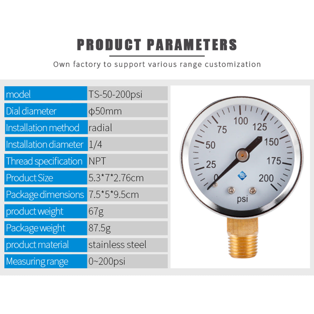 TS-50-200psi Pressure Gauge Vacuum Water Pressure Gauge 0-200 PSI Test Range Oil Pressure Gauge with 1 / 4'' NPT Bottom Mount