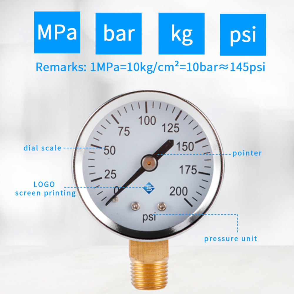 TS-50-200psi Pressure Gauge Vacuum Water Pressure Gauge 0-200 PSI Test Range Oil Pressure Gauge with 1 / 4'' NPT Bottom Mount