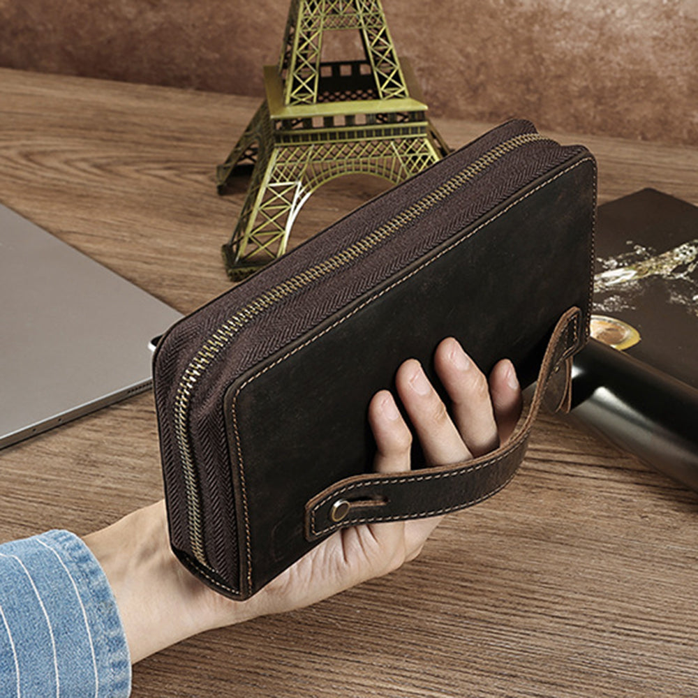 2061 Top Layer Cowhide Leather Long Wallet for Men RFID Blocking Organ Card Holder Clutch Zipper Coin Purse