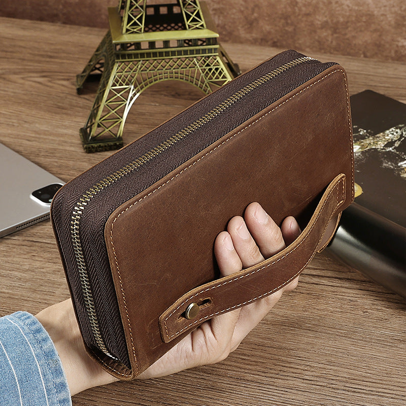 2061 Top Layer Cowhide Leather Long Wallet for Men RFID Blocking Organ Card Holder Clutch Zipper Coin Purse