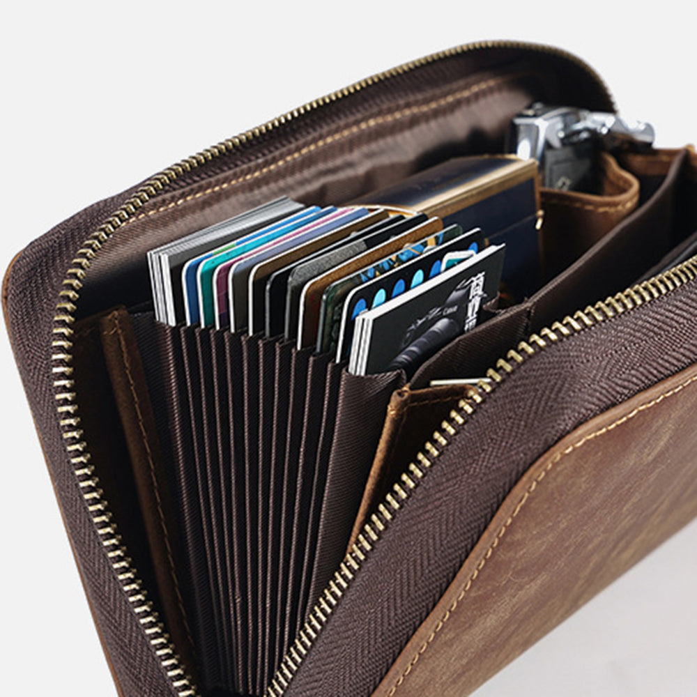 2061 Top Layer Cowhide Leather Long Wallet for Men RFID Blocking Organ Card Holder Clutch Zipper Coin Purse