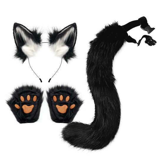 0107 50cm Halloween Fox Cat Tail Ears Hair Band Claws Gloves Costume Set Cosplay Party Prop Gift for Kids and Women