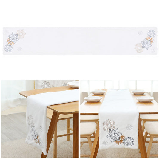 2022Sa30 182x33cm Christmas Snowflake Pattern Plush Tablecloth Washable Rectangle Table Cloth for Party Holiday Decoration