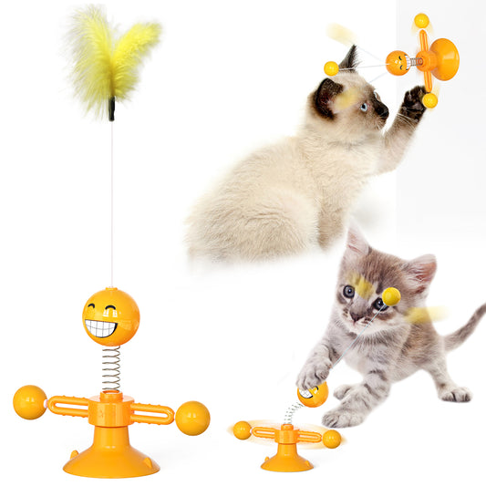 ZH-08 Rotating Windmill Spring Figure Cat Toys with Feathers Interactive Cats Ball Toys Funny Exercise Kitten Teaser Toys for Indoor Pets