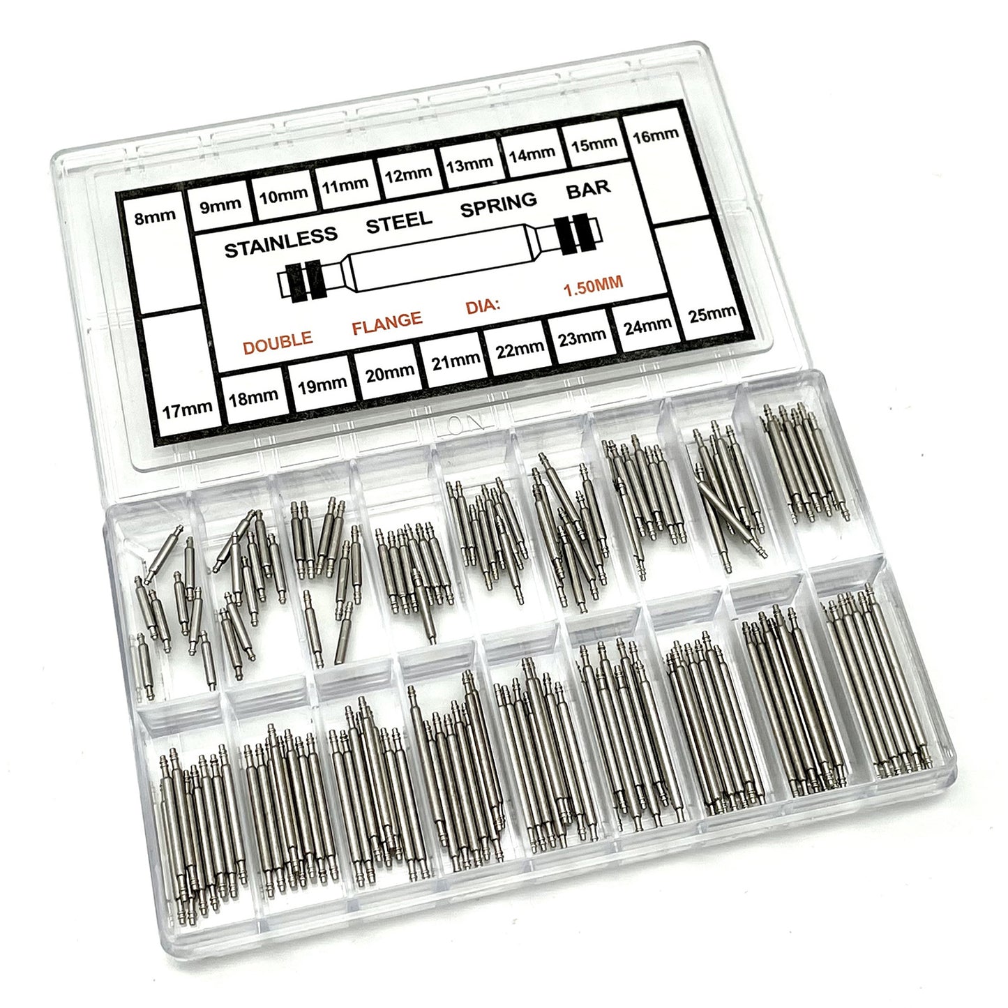 144Pcs / Set Watch Band Stainless Steel Link Pins, Professional Spring Bars Smart Watch Replacement Parts with Plastic Box (8-25mm)
