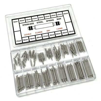 144Pcs / Set Watch Band Stainless Steel Link Pins, Professional Spring Bars Smart Watch Replacement Parts with Plastic Box (8-25mm)