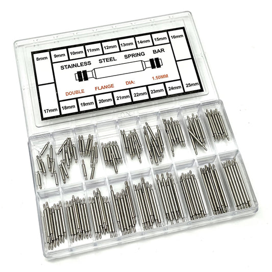 144Pcs / Set Watch Band Stainless Steel Link Pins, Professional Spring Bars Smart Watch Replacement Parts with Plastic Box (8-25mm)