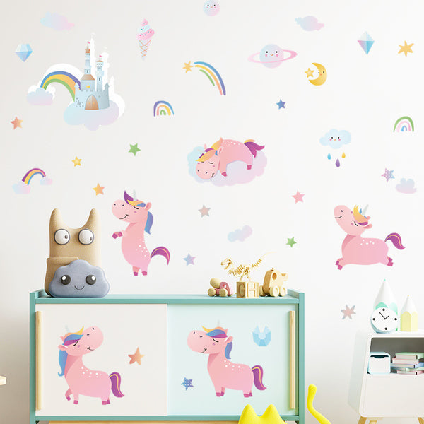 HY4020 4Pcs / Set Cartoon Pink Horse with Rainbows Wall Stickers DIY Mural Art Decor for Kids Room Girl Bedroom Wall Decals (No EN71 Certification)