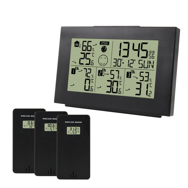 ZX3551D Digital Display Weather Station Clock with 3 Wireless Sensors, Temperature / Humidity Meter Clock Multifunction Alarm Clock (No Battery)