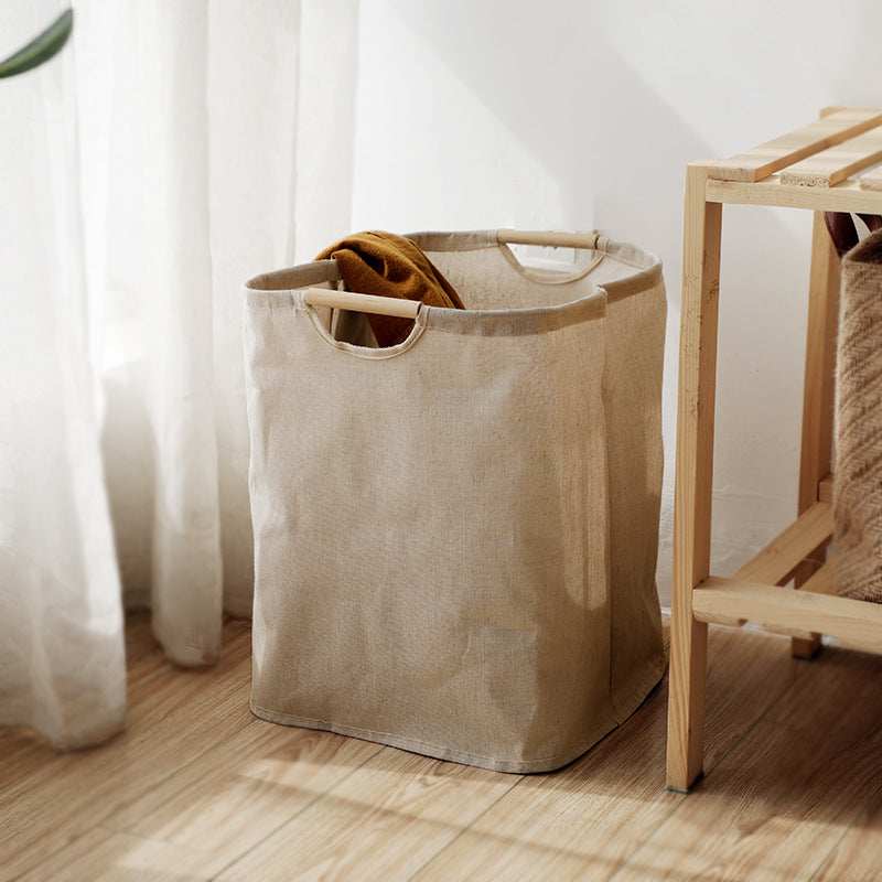 Collapsible Laundry Basket with Wooden Handles Cotton Linen Storage Basket for Clothes Blanket Kids Toy, Size L