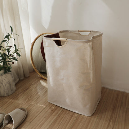 Collapsible Laundry Basket with Wooden Handles Cotton Linen Storage Basket for Clothes Blanket Kids Toy, Size L