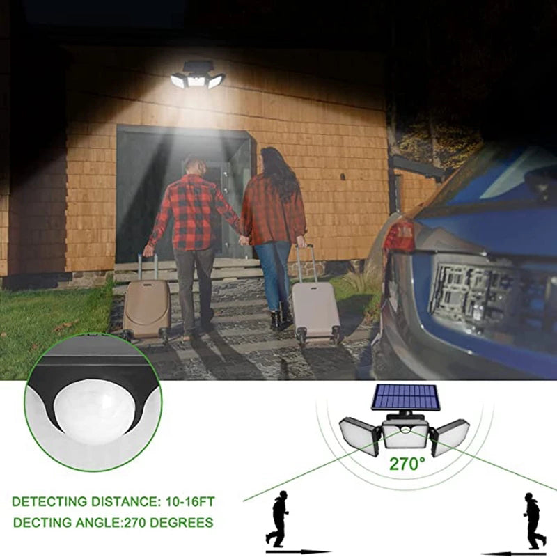 Outdoor Solar Power 3-Head 230-LED Wall Lamp Human Body Induction Waterproof Garden Yard Flashing Warning Light