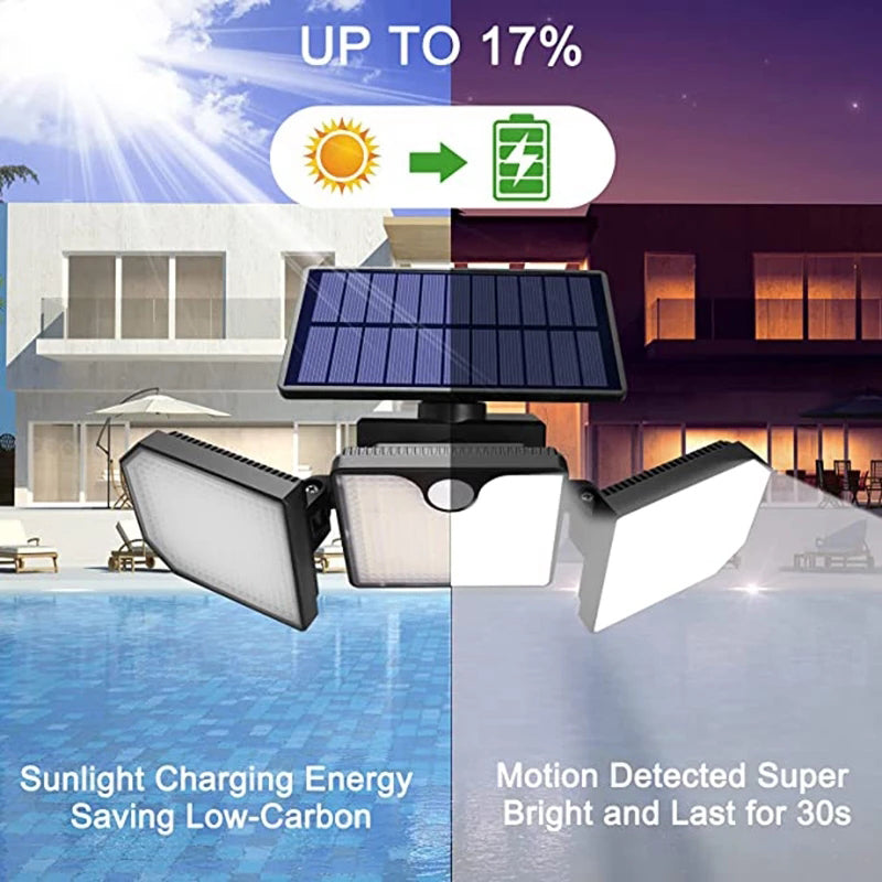 Outdoor Solar Power 3-Head 230-LED Wall Lamp Human Body Induction Waterproof Garden Yard Flashing Warning Light