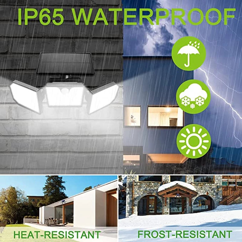 Outdoor Solar Power 3-Head 230-LED Wall Lamp Human Body Induction Waterproof Garden Yard Flashing Warning Light