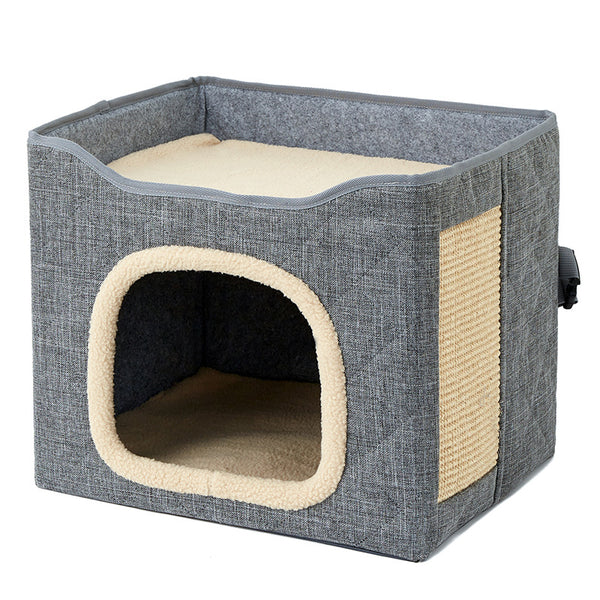 QS-101 Foldable Square Cat Sleeping House Scratcher Design Double Layer Semi-enclosed Kennel Pet Home