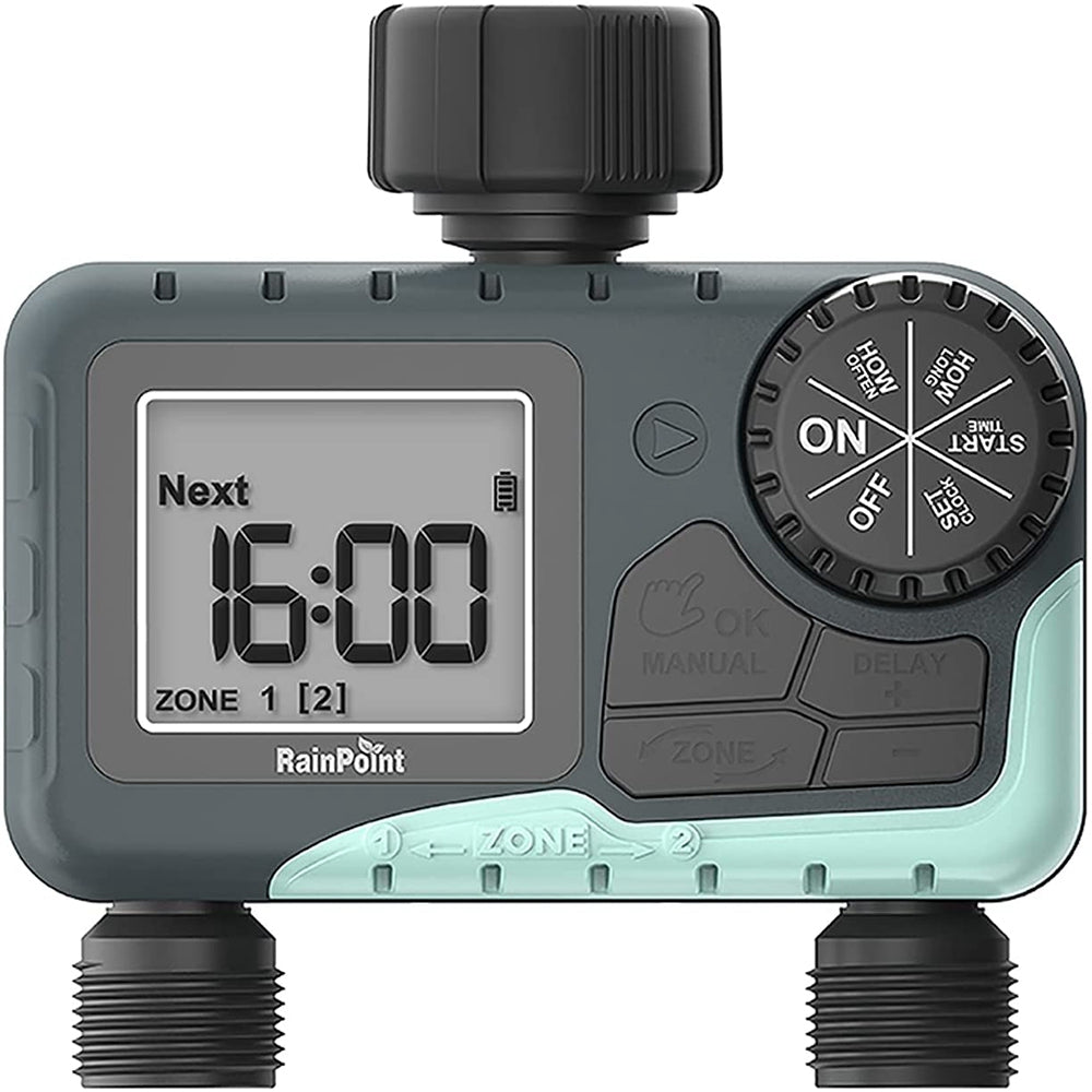 2 Zones Programmable Water Timer with Rain Delay / Manual / Automatic Irrigation System Outdoor Irrigation Timer Controller for Lawn Yard