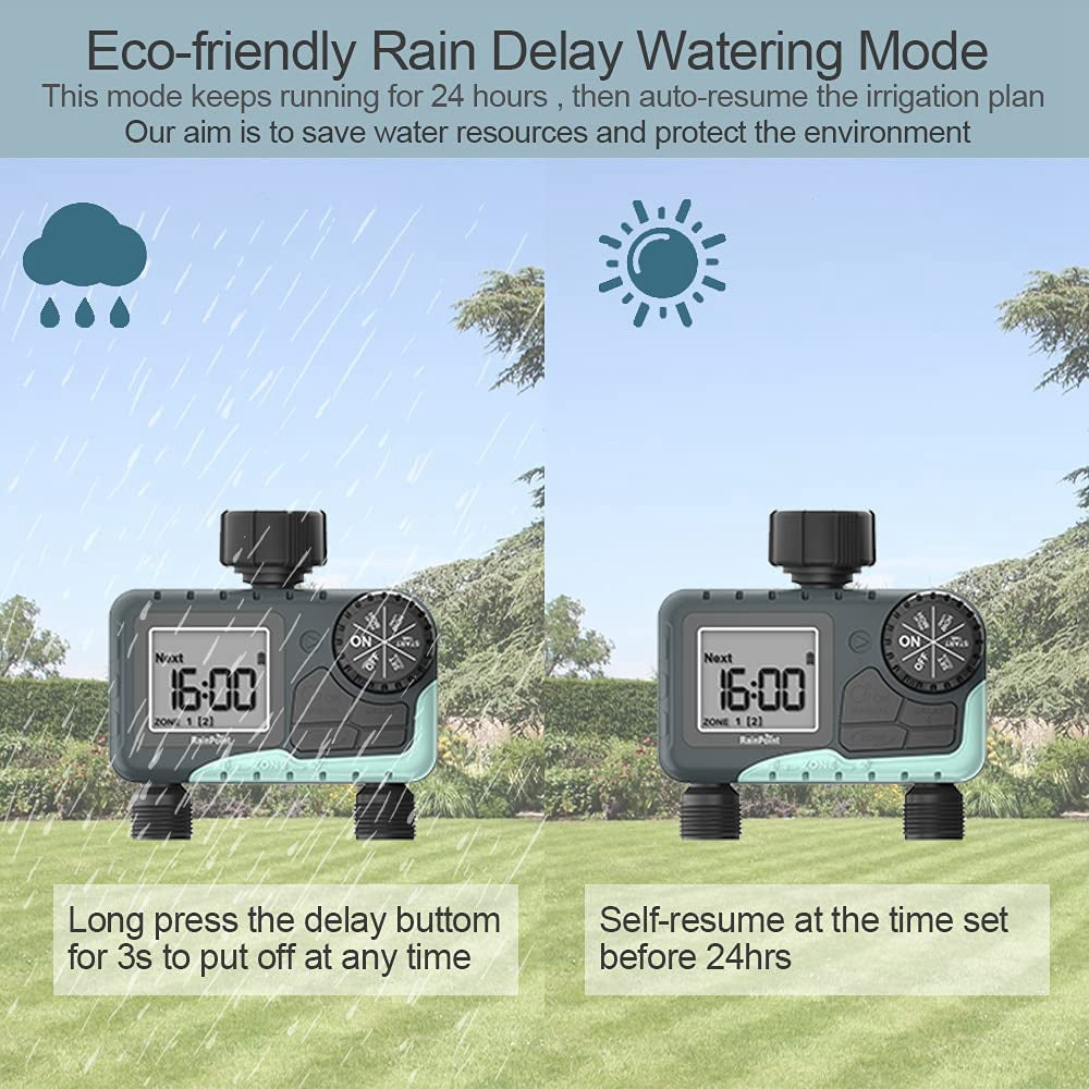 2 Zones Programmable Water Timer with Rain Delay / Manual / Automatic Irrigation System Outdoor Irrigation Timer Controller for Lawn Yard