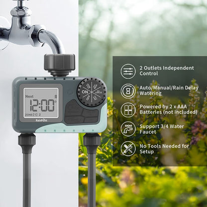 2 Zones Programmable Water Timer with Rain Delay / Manual / Automatic Irrigation System Outdoor Irrigation Timer Controller for Lawn Yard